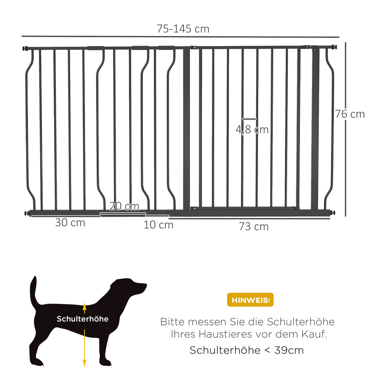 Dog Gate, Adjustable 75-145 cm, 2-Way Opening, Double Lock, ABS Steel Black