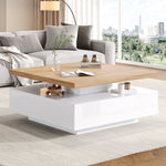 Multifunctional Swivel Coffee Table with Storage, White and Walnut