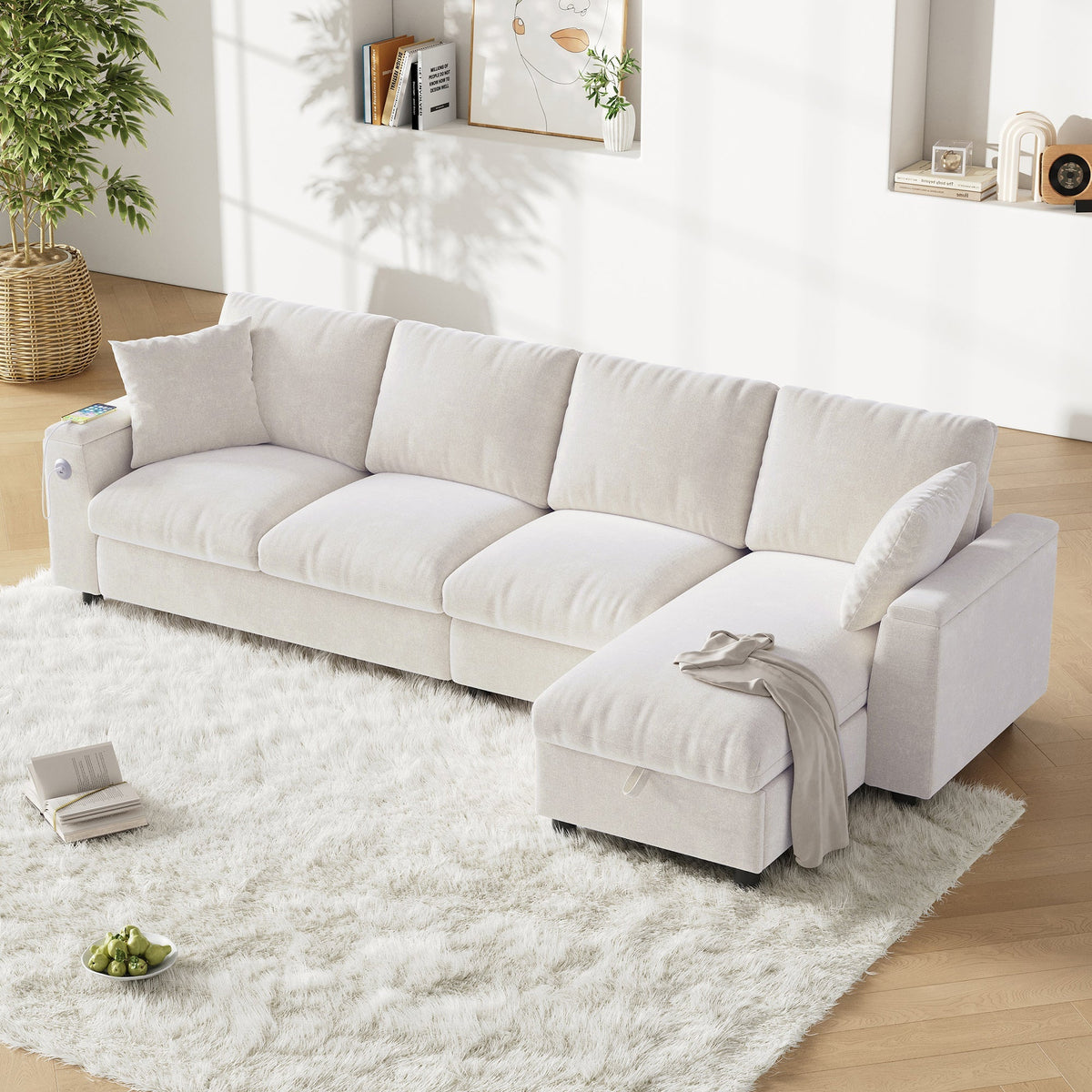 Chenille L-Shape Sofa Reversible Storage Armrests Fold-Out Table USB/Type-C - Beige
