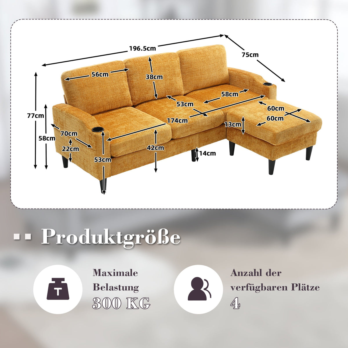 Sofa, 4-Seater with Footstool, Storage & Cupholder, Velvet