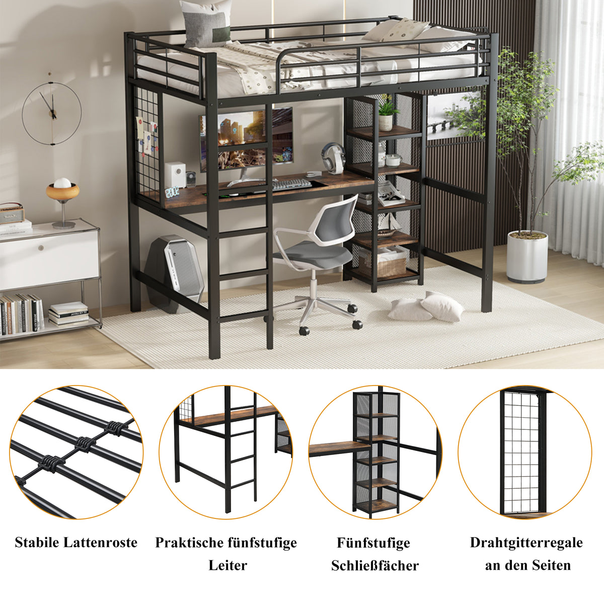 Loft Bed with Desk & Shelves 90x200cm - Black & Dark Wood