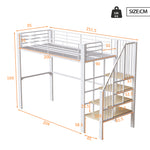Loft Bed 90x200 cm with Storage Space & Stairs, Metal