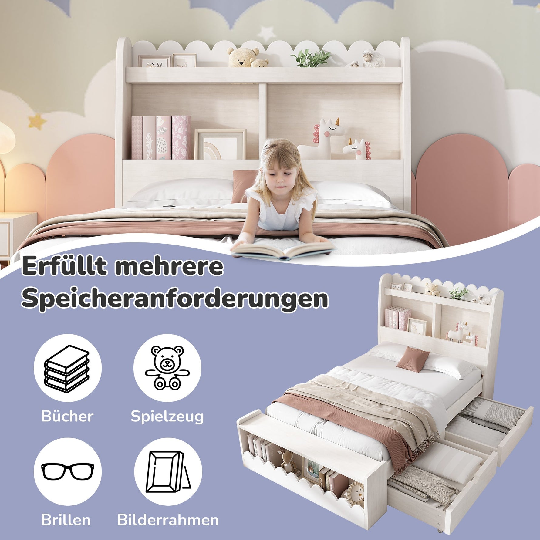 Children's Single Bed, Storage with Drawers, Shelf, Bench, Wood, White Oak