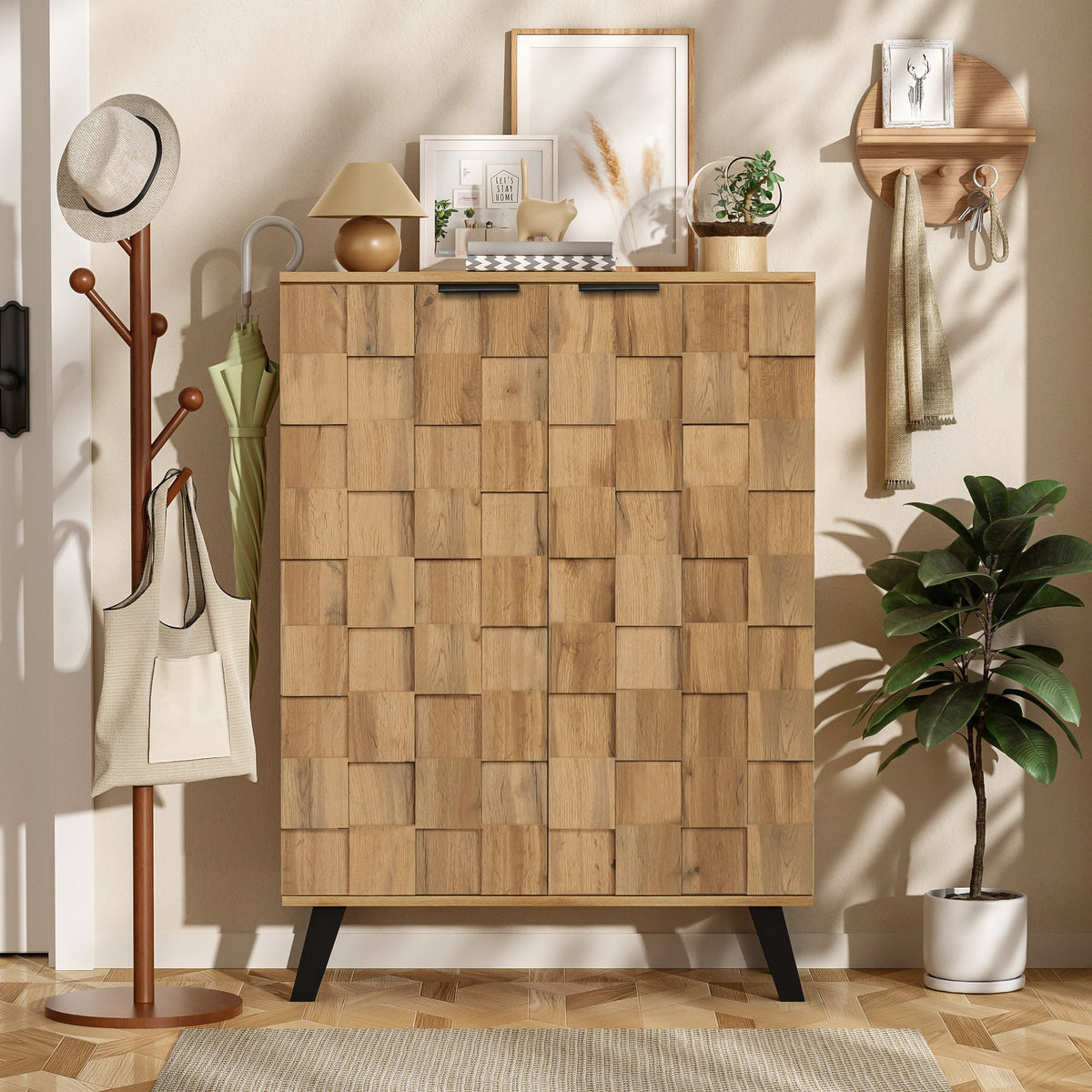 Sideboard Shoe Cabinet with 5 Adjustable Compartments, Wood