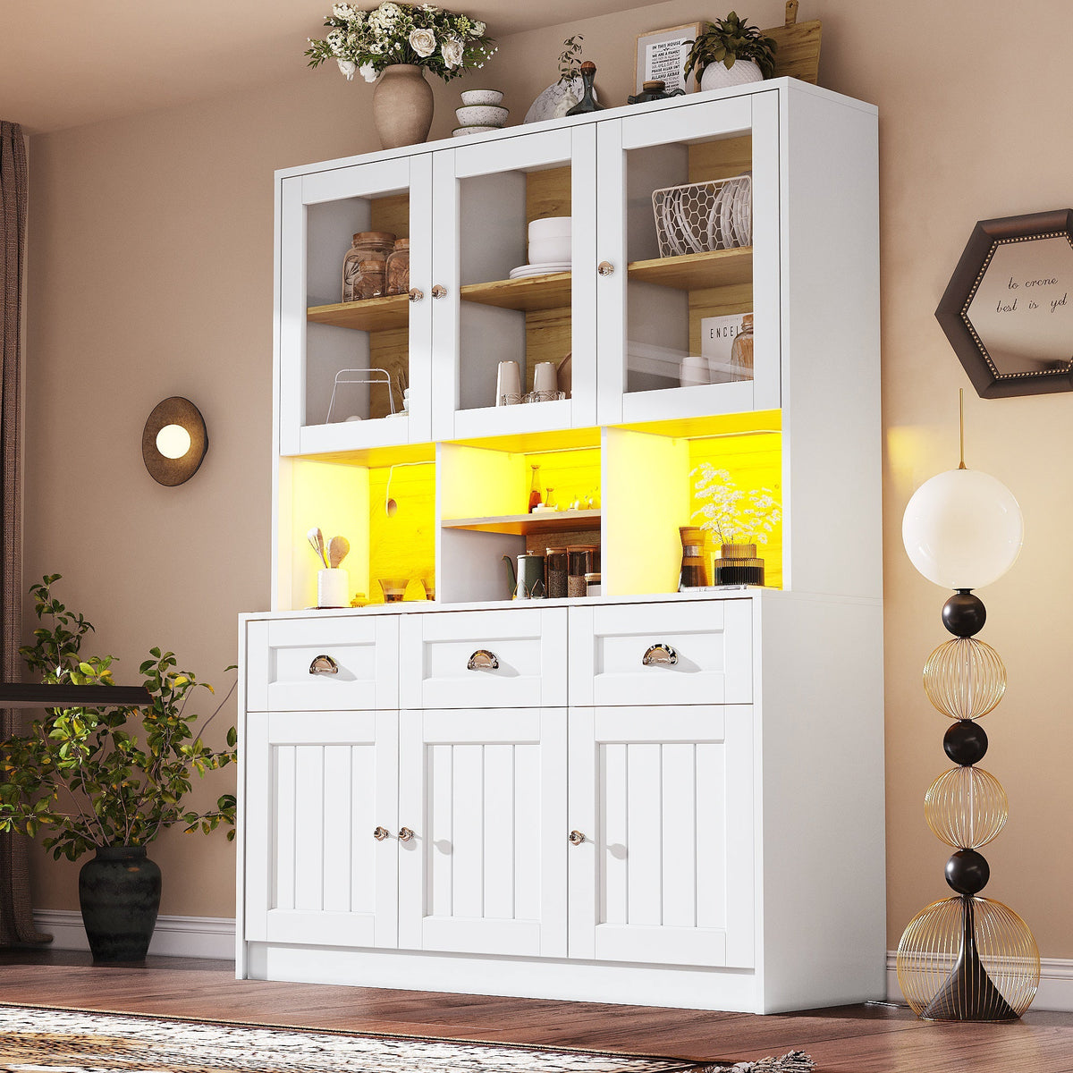 Tall Kitchen Cabinet 140x40x175cm Adjustable Shelves LED Lighting White/Black