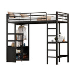 Loft Bed 90x200cm with Desk, Outlets & Shelves, Black Iron