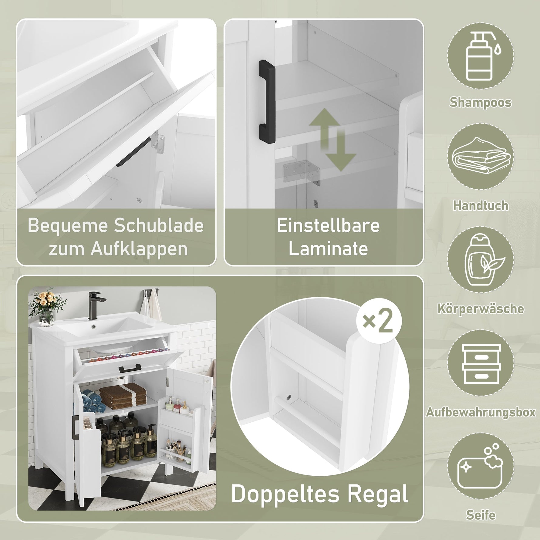 Bathroom Vanity Unit with Ceramic Sink and Adjustable Shelves, White