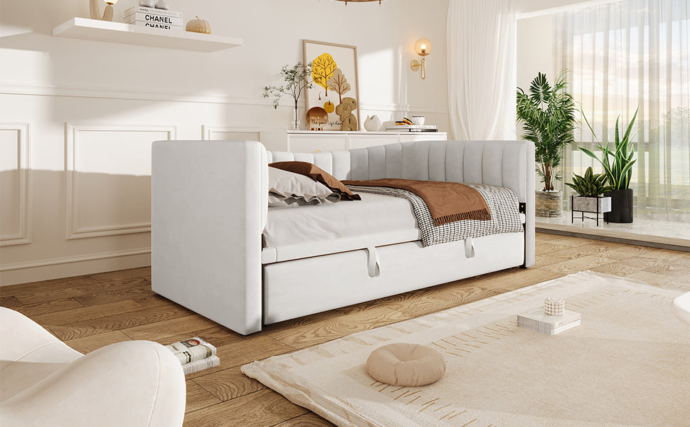Upholstered Daybed Pull-Out Bed 90x200cm Extendable to 180x200cm Velvet White