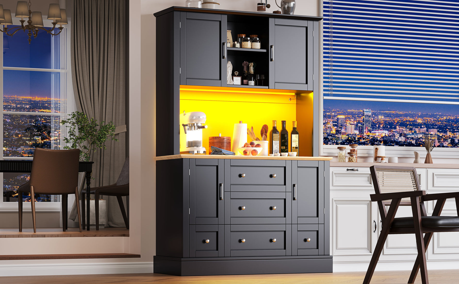 Tall Cabinet 115x180cm with LED App Control & Music, 4 Doors 5 Drawers Display Storage, Black