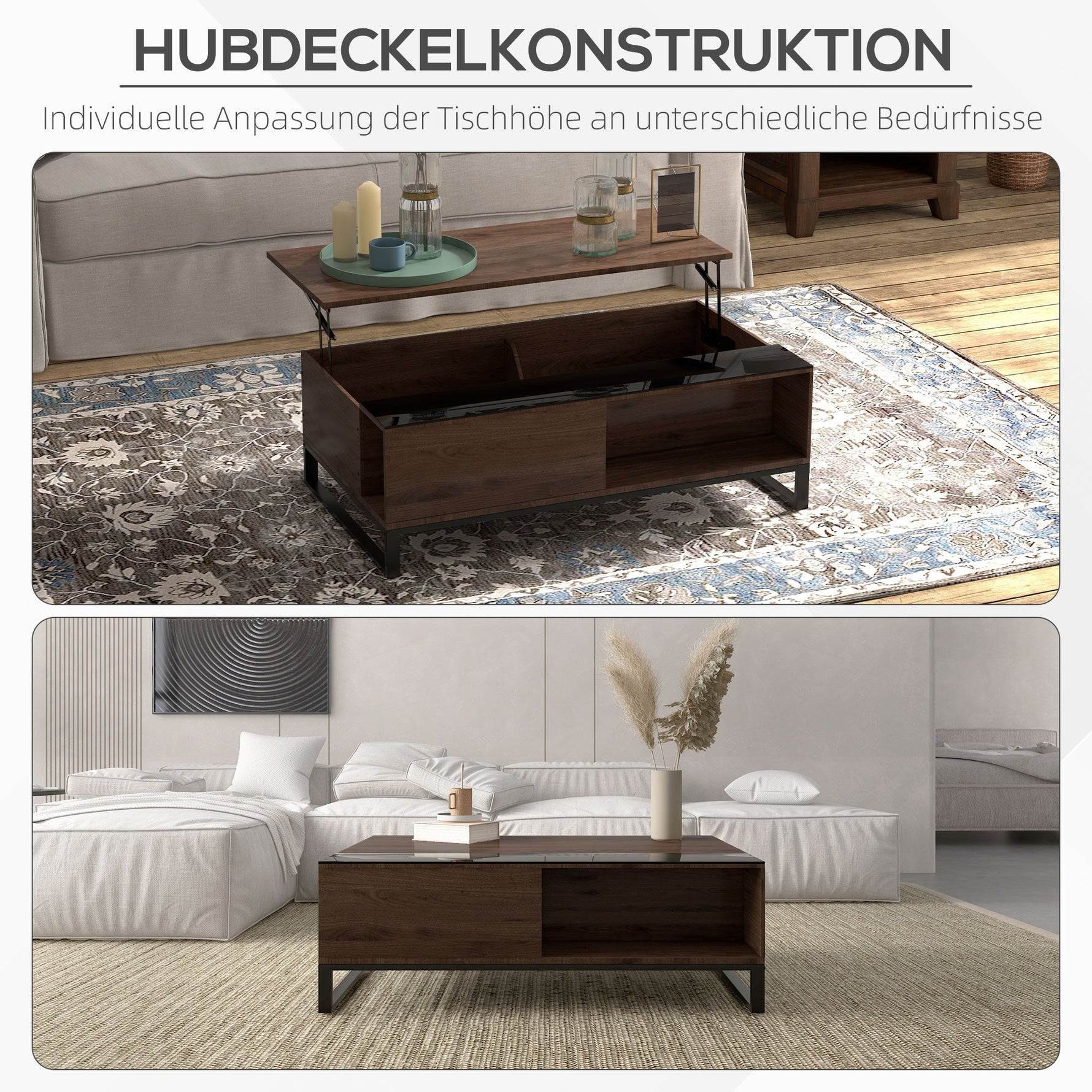 Coffee Table with Lifting Function & Storage, Steel in Walnut Black