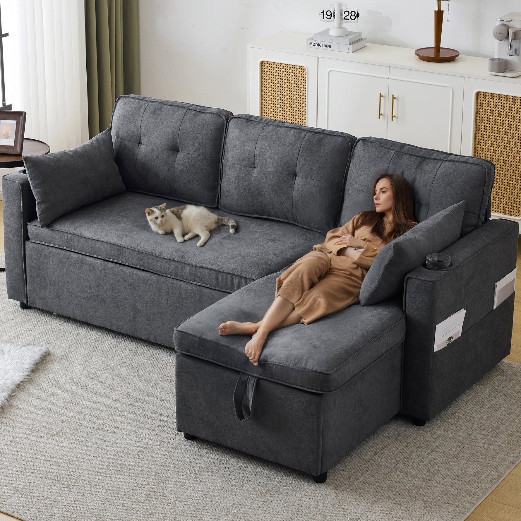 Sofa Bed L-Shaped Sleeping Function Storage Cup Holder Interchangeable Upholstered