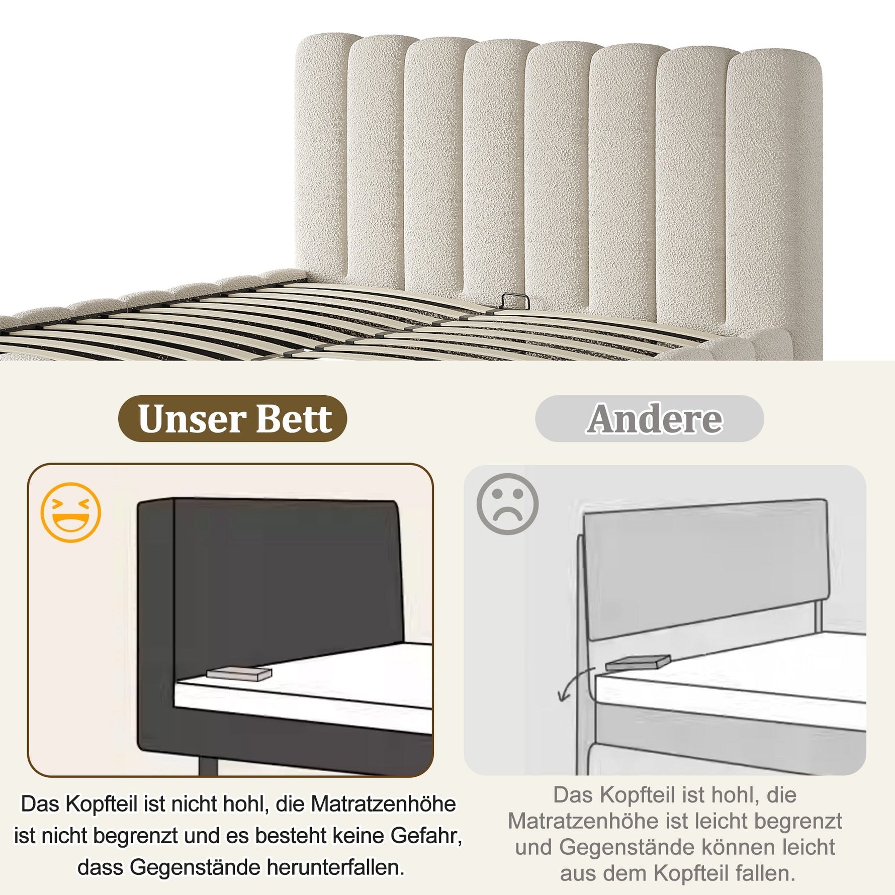 Upholstered Double Bed with Hydraulic Storage and Slatted Frame, 160x200cm, White Bouclé