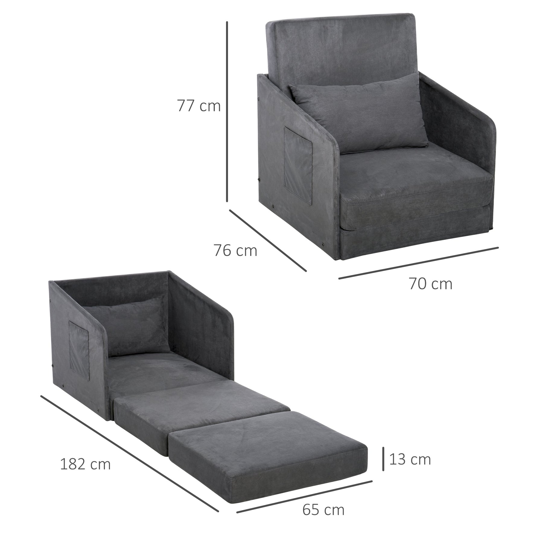 Sofa Bed, Single, Washable Cover, 2 Side Pockets, Metal Frame, Grey