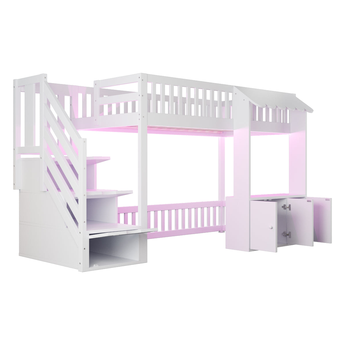 Wooden Loft Bed 90x200cm with Wardrobe & Storage Stairs, White