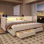 Daybed Sofa Bed 90x190cm Pull-Out Drawers USB LED, Beige Velvet