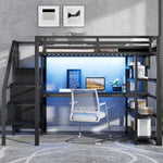 Metal Loft Bed 140x200cm with Stairs, Integrated Desk, Wardrobe, USB Charging and LED Lighting, Black