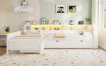 Wooden L-Shaped Platform Bed with Pull-Out Bed and Drawer, White