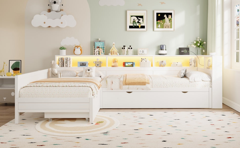 Wooden L-Shaped Platform Bed with Pull-Out Bed and Drawer, White