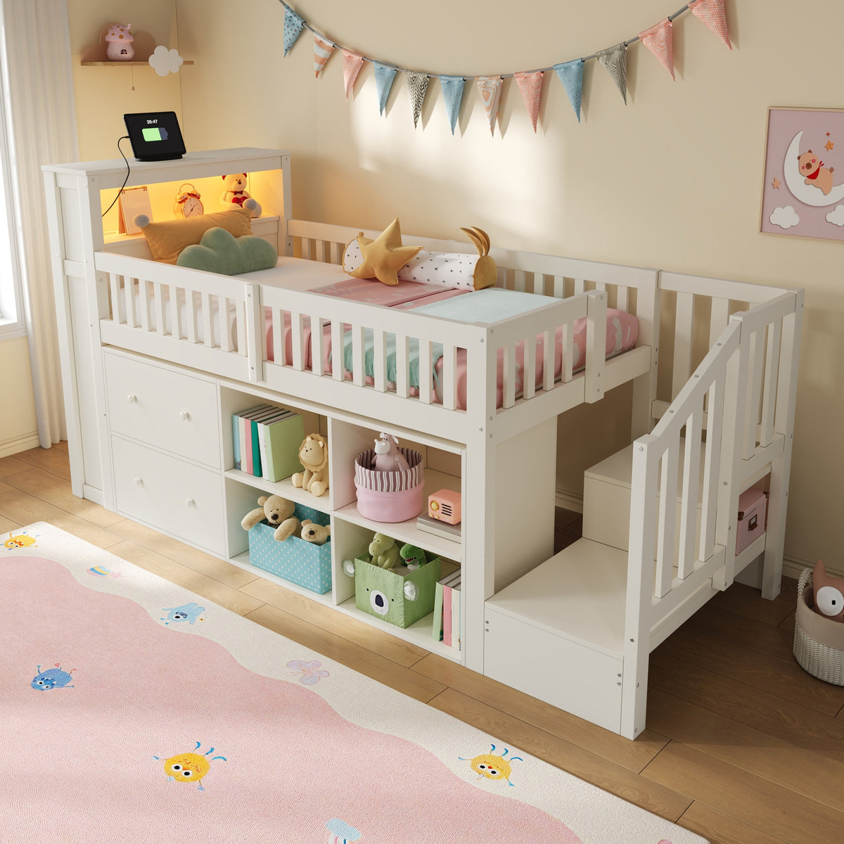 Mid-Height Bed 90x200 cm with Drawers, Storage & LED Lighting, White