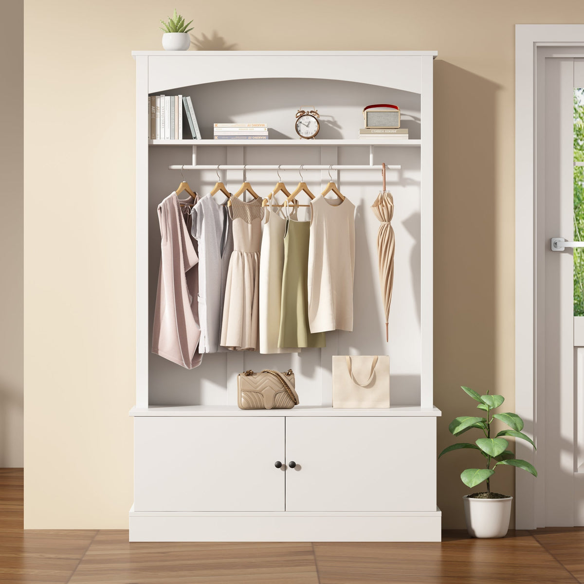 Entryway Cabinet Coat Rack Shoe Bench Storage Adjustable Shelves, White