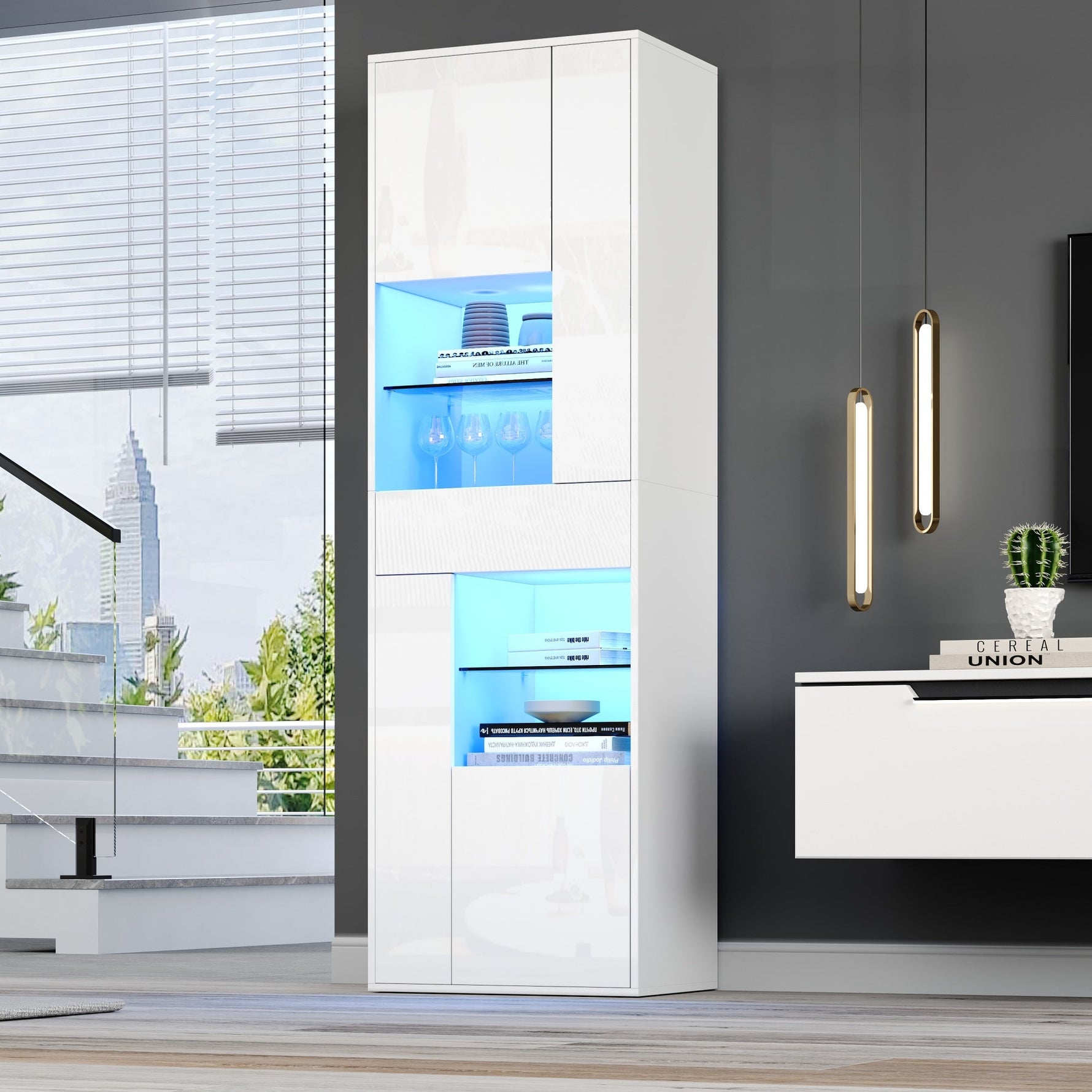 Display Cabinet Tall, LED High-Gloss 1 Drawer 4 Cabinets 55x38x170cm, White