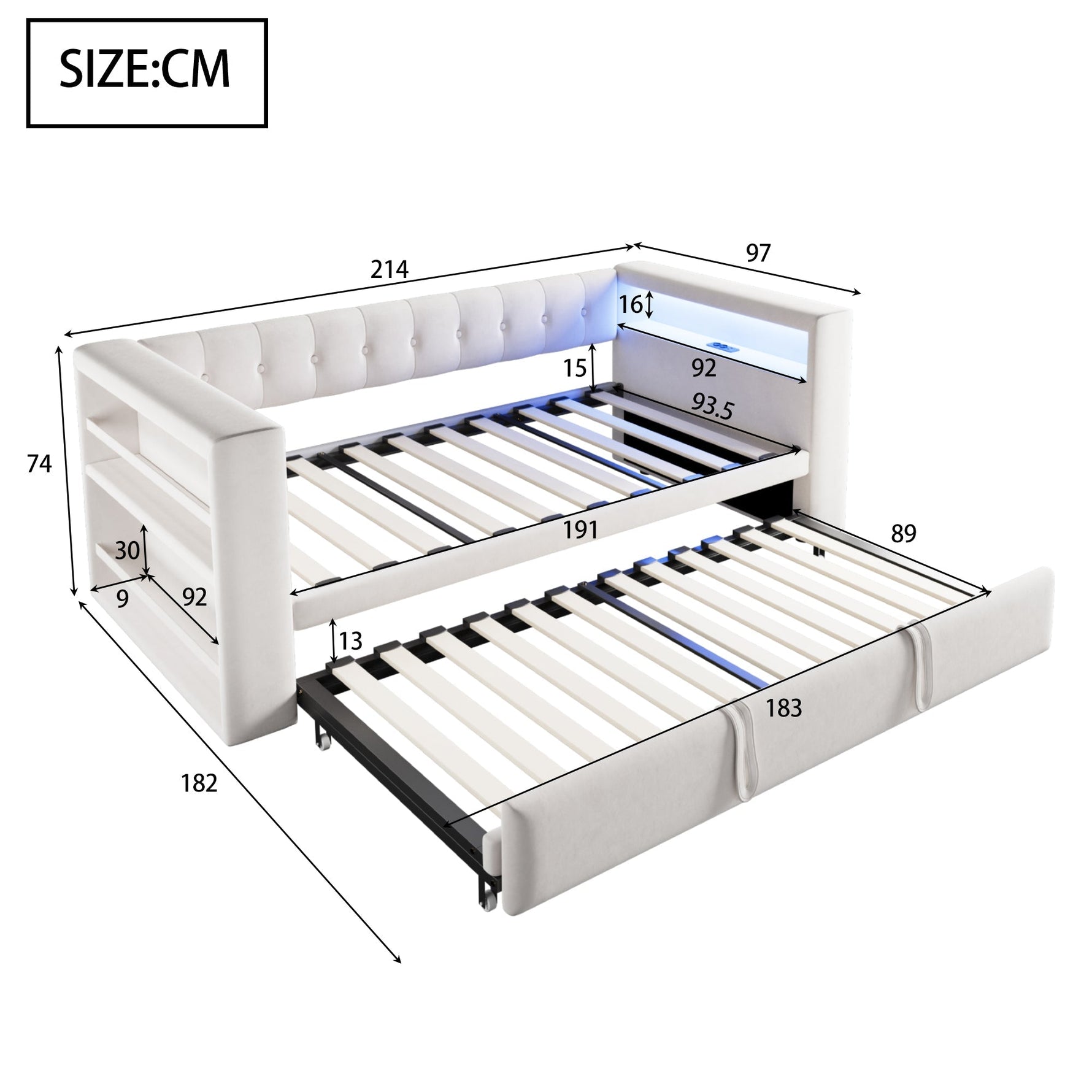 Multifunctional Upholstered Sofa Bed with LED Lighting, Power Outlets and Ample Storage, 90/180x190cm, Beige