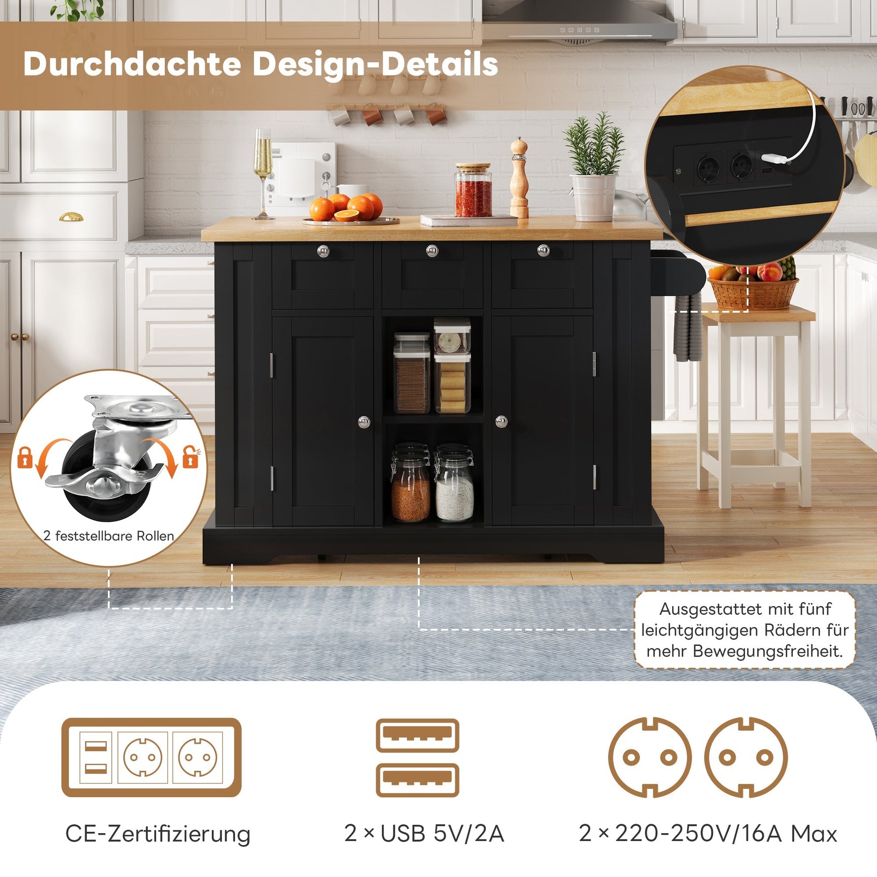 Mobile Kitchen Cart 132cm Folding Worktop Multifunctional Storage Cabinet Integrated Socket Country Style