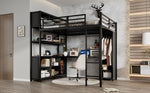 Iron Loft Bed, Double Storage, Desk & Wardrobe, Black 140x200cm
