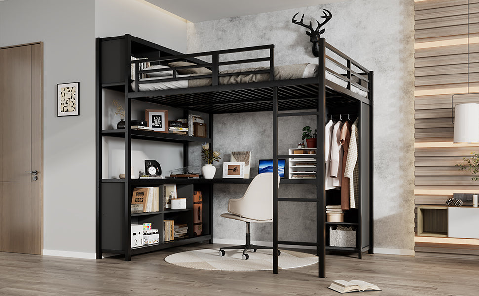 Iron Loft Bed, Double Storage, Desk & Wardrobe, Black 140x200cm