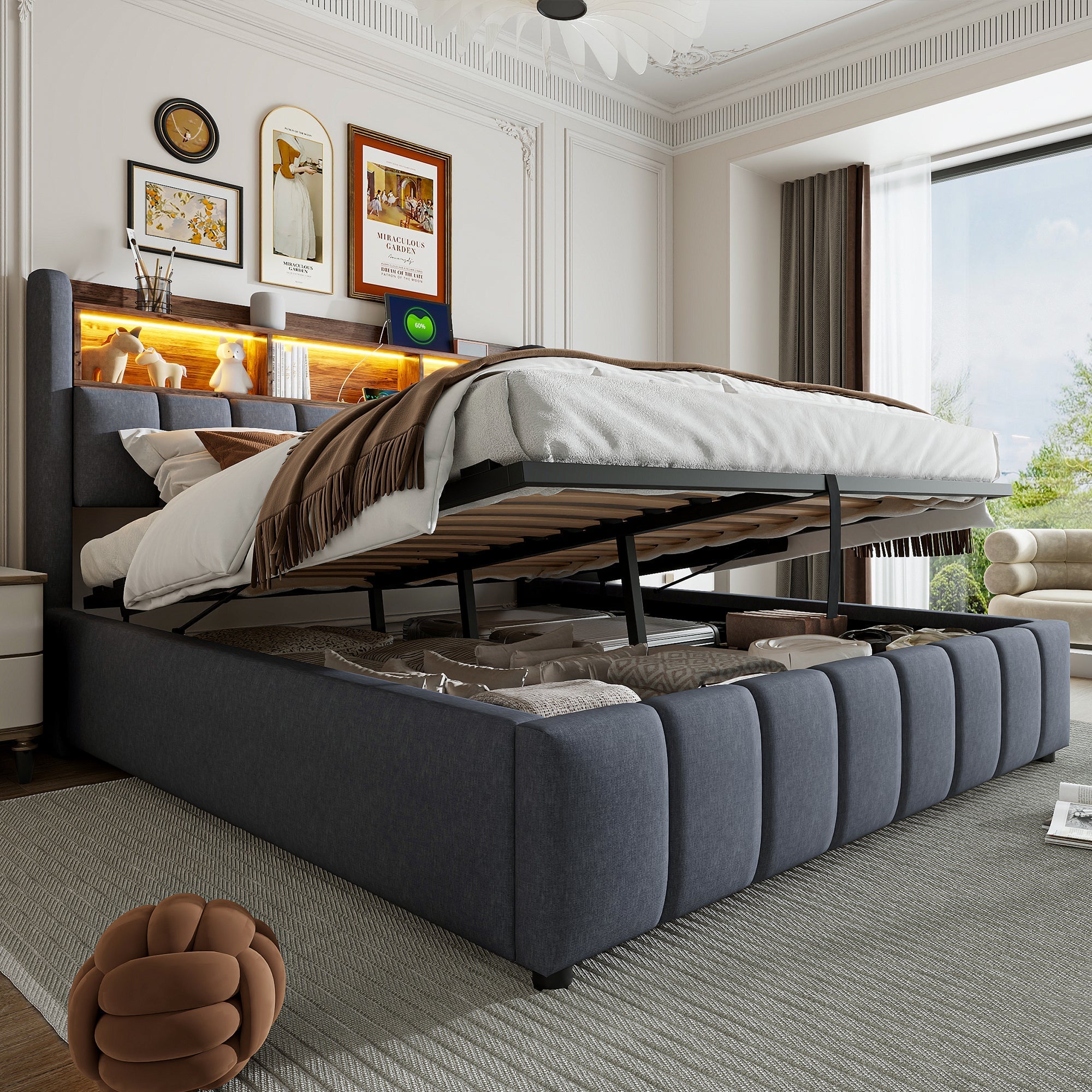 Upholstered Bed 180x200cm LED USB Hydraulic Storage Headboard | Linen Fabric Grey