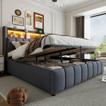 Upholstered Bed 180x200cm LED USB Hydraulic Storage Headboard | Linen Fabric Grey