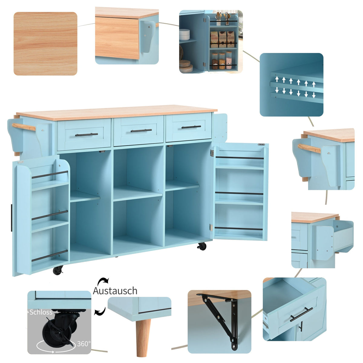 Dining Trolley Sideboard Extendable Fold-Down Worktop Storage Casters Blue/Solid Wood Grain