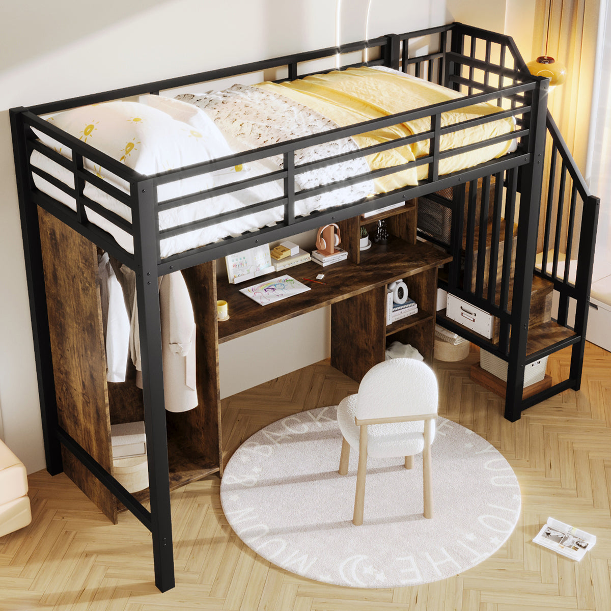 Loft Bed 90x200 cm with Wardrobe, Desk & Storage, Black Iron Frame
