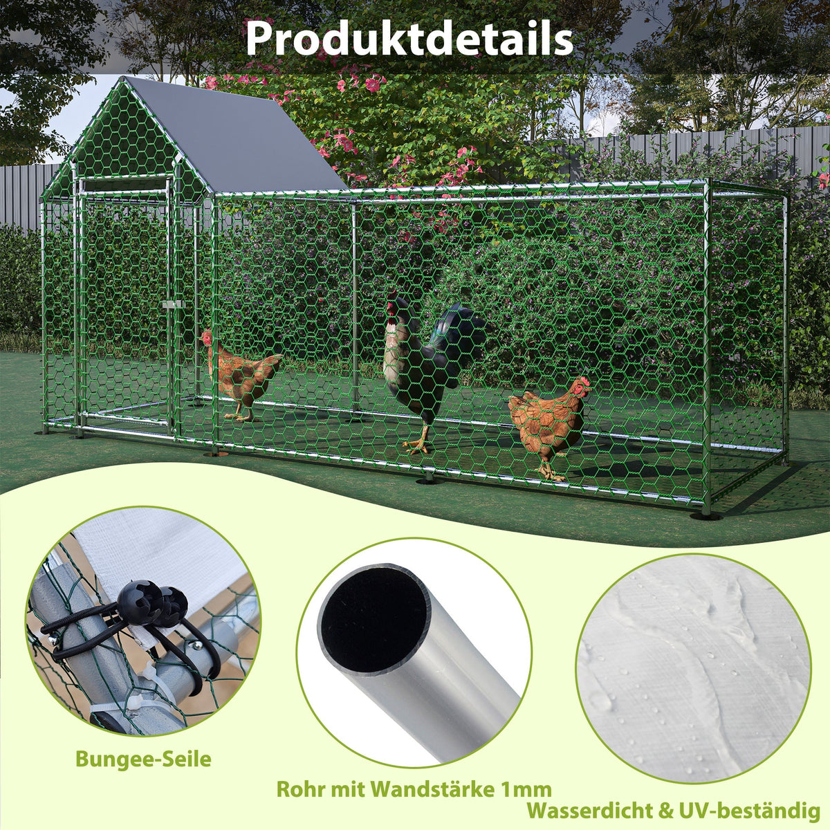 Chicken Coop/Run 3x1x1.5m Safety Lock Waterproof PE Metal Enclosure