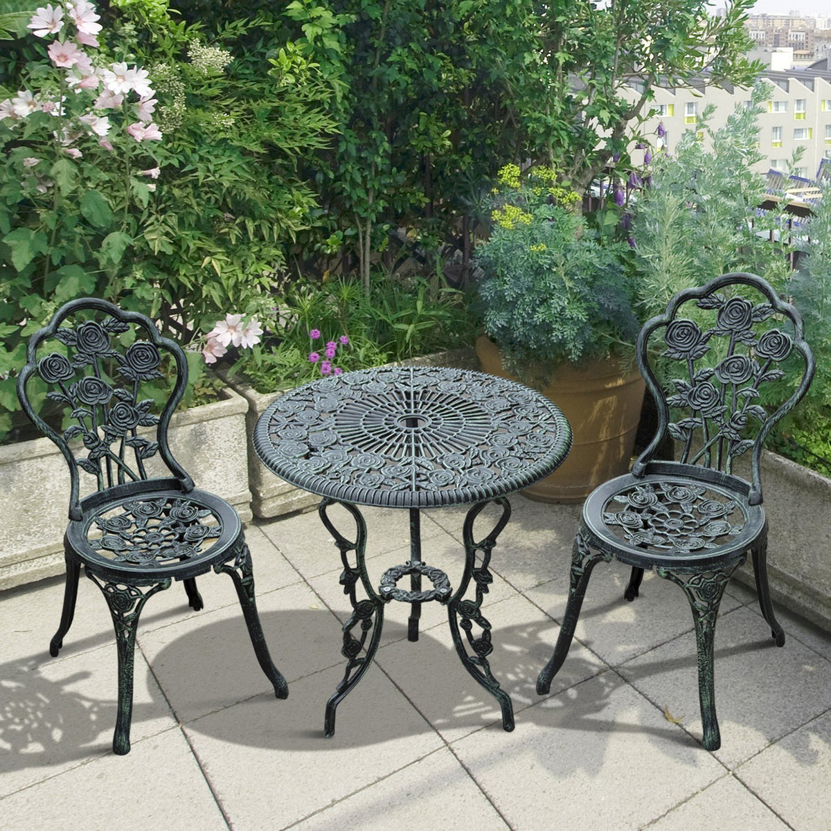 3-Piece Bistro Set for Balcony & Terrace, Antique Green Cast Aluminum