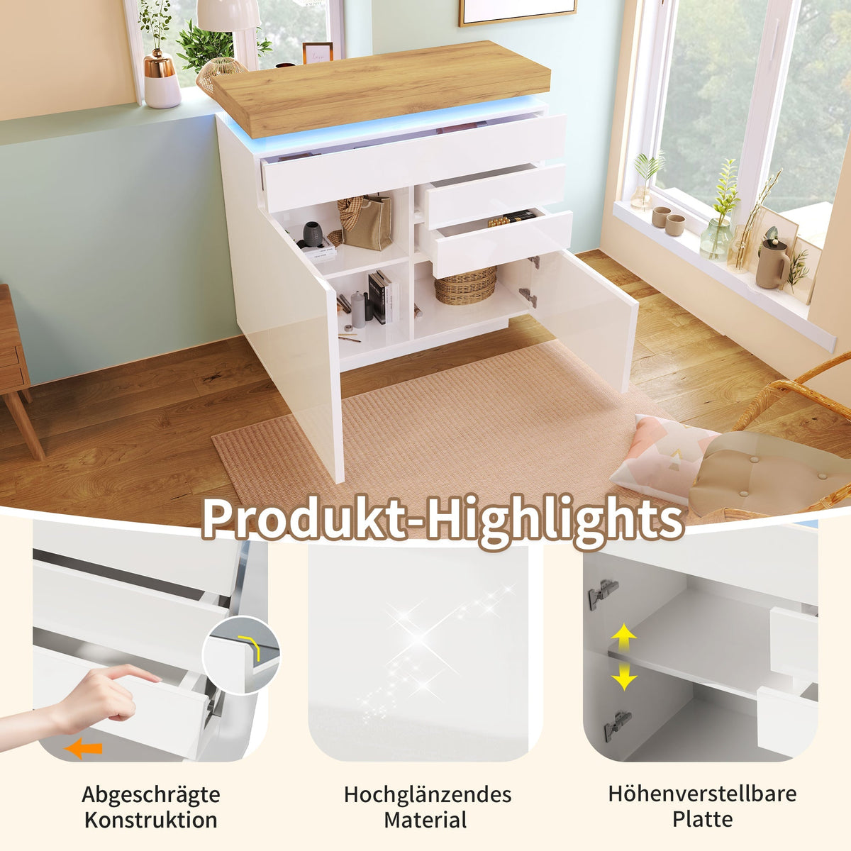 Chest of Drawers, High-Gloss Sideboard 2 Doors 3 Drawers, LED, White