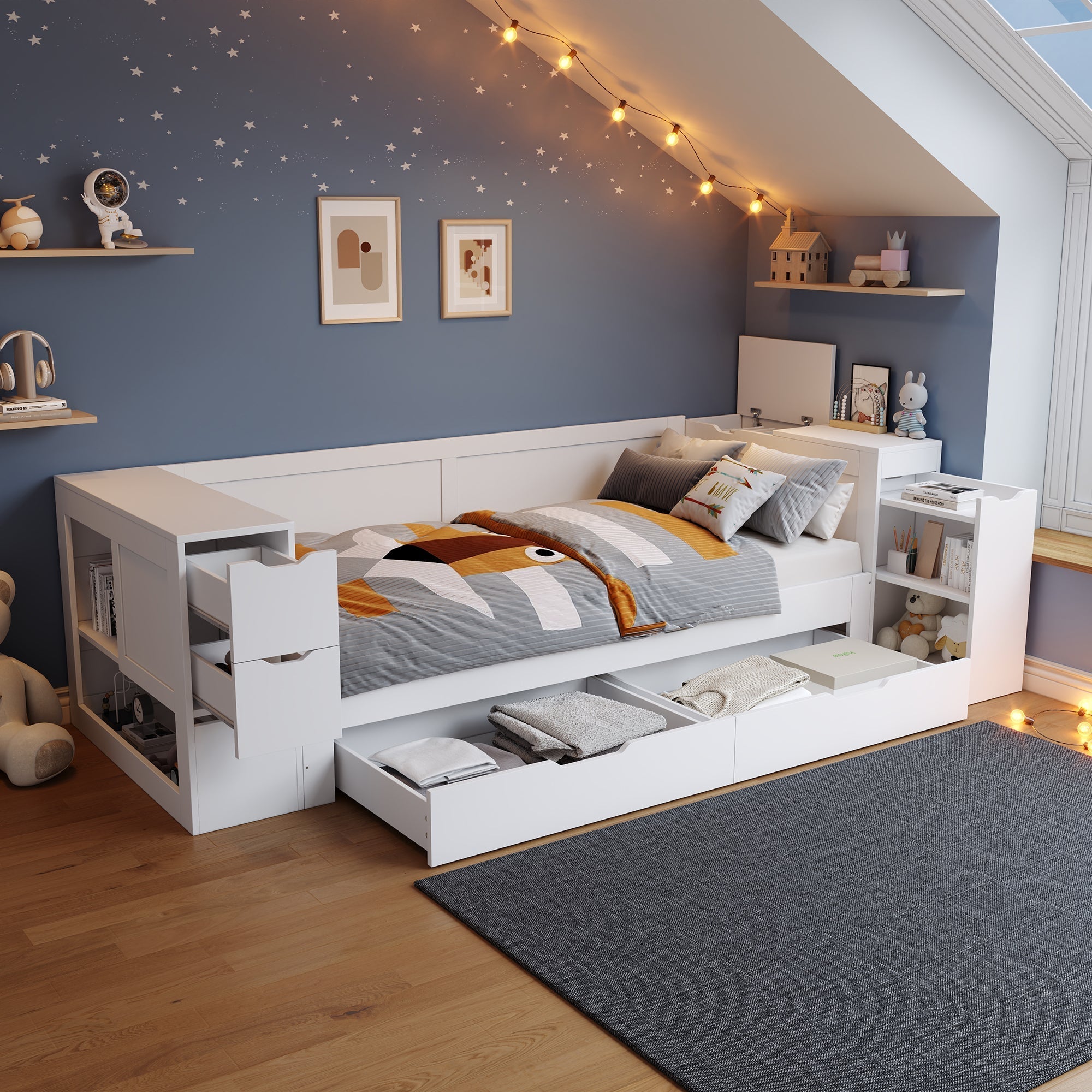 Lit Enfant Simple avec Tiroirs et Rangement, 90x190cm, Blanc