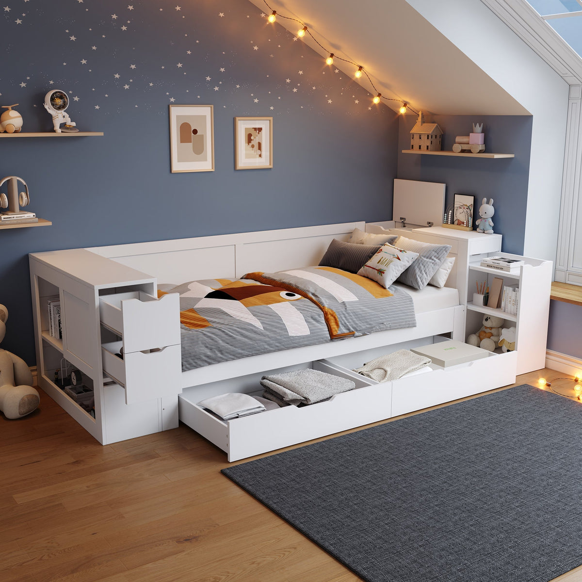 Lit Enfant Simple avec Tiroirs et Rangement, 90x190cm, Blanc