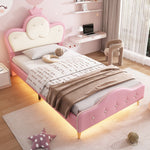 Upholstered Children's Bed with Crown Headboard, LED Strip, PU, Pink + White