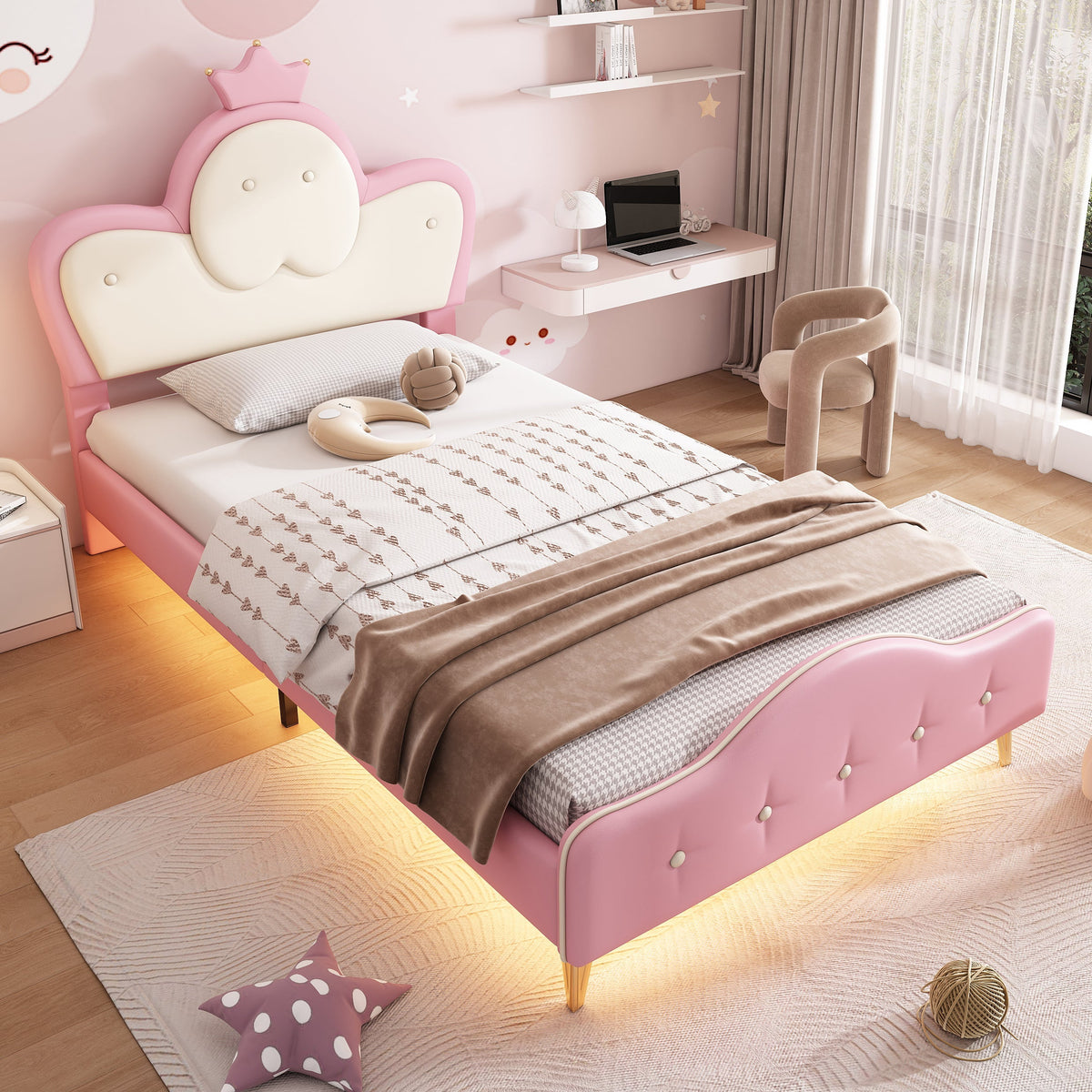 Upholstered Children's Bed with Crown Headboard, LED Strip, PU, Pink + White