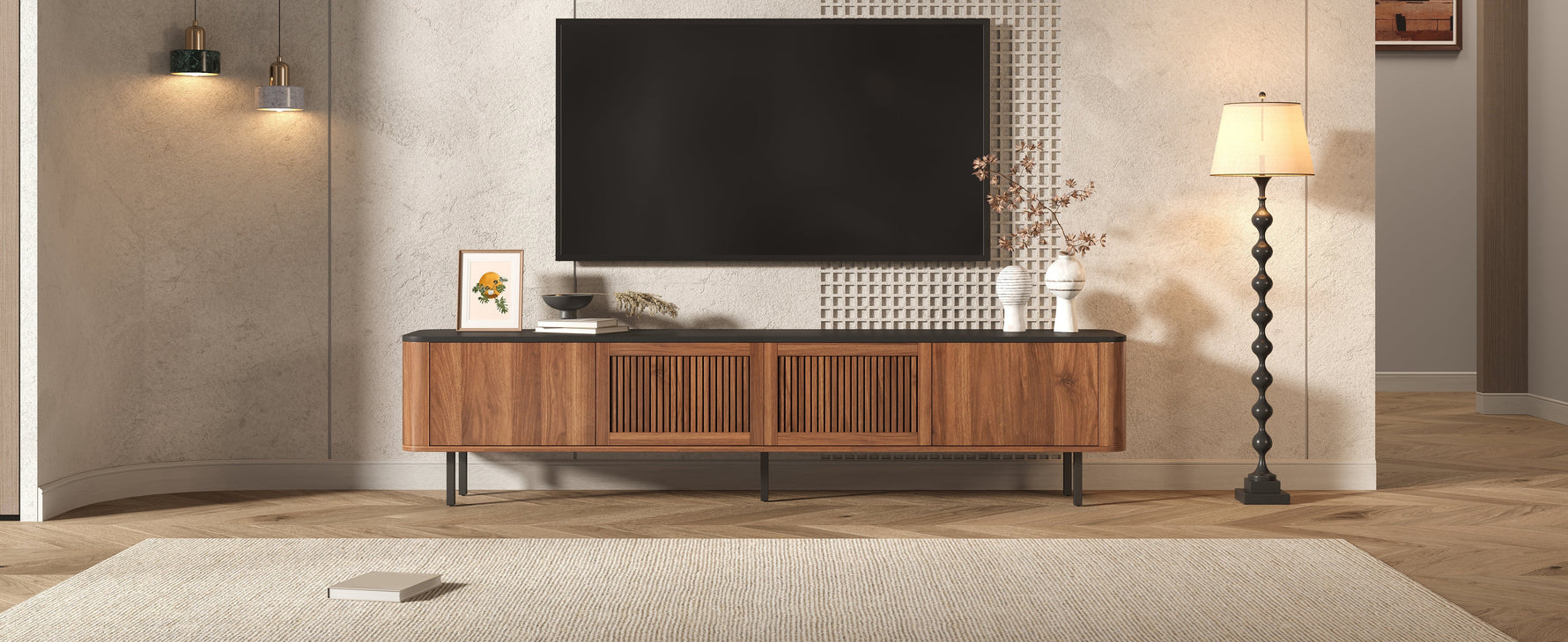 Modern TV Cabinet with Gitter Doors and Storage, Black and Walnut Wood