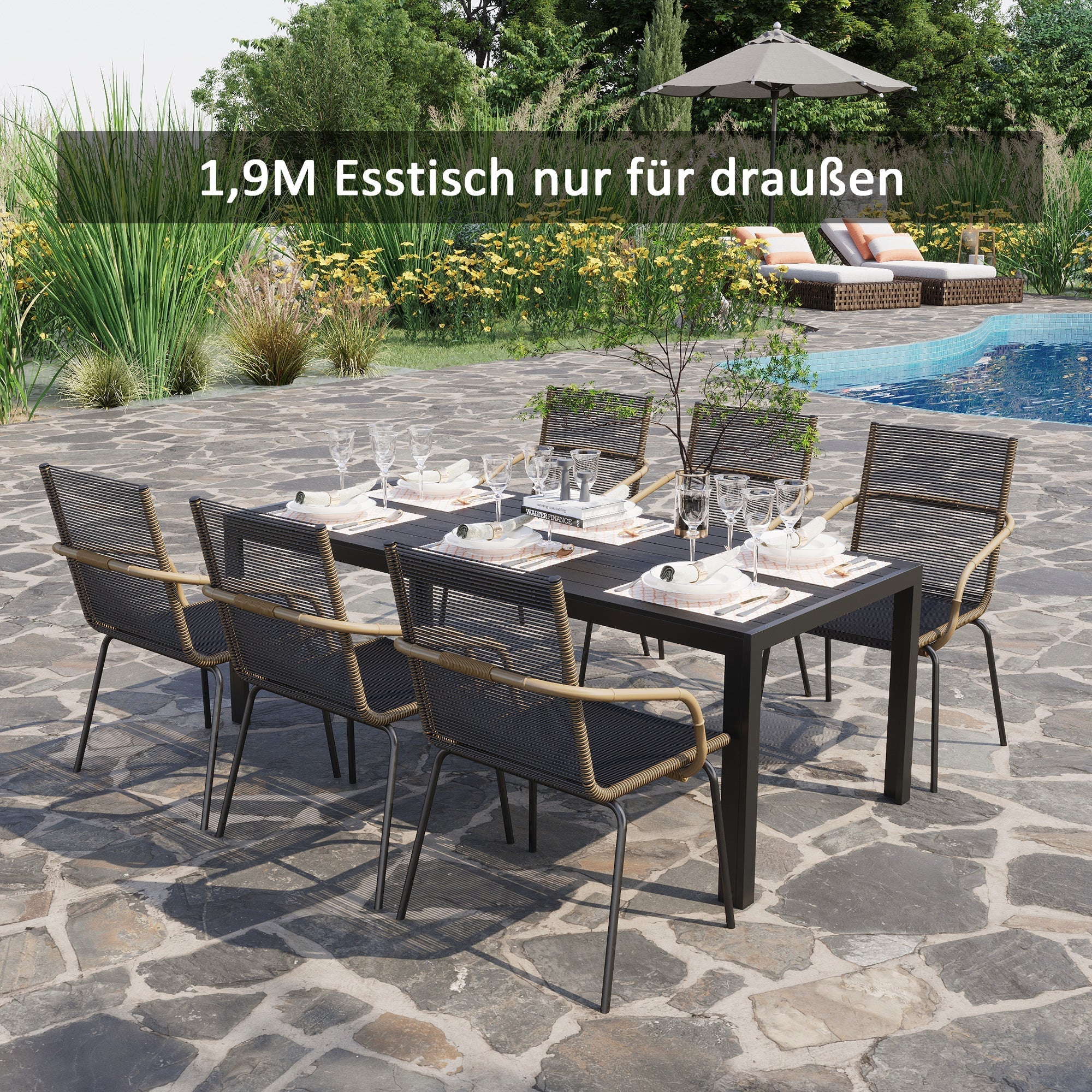 Aluminum Garden Table Weatherproof Wood-Plastic Composite Black