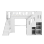 Bunk Bed with Slide, Storage Stairs and LED Light Strip, White Solid Wood