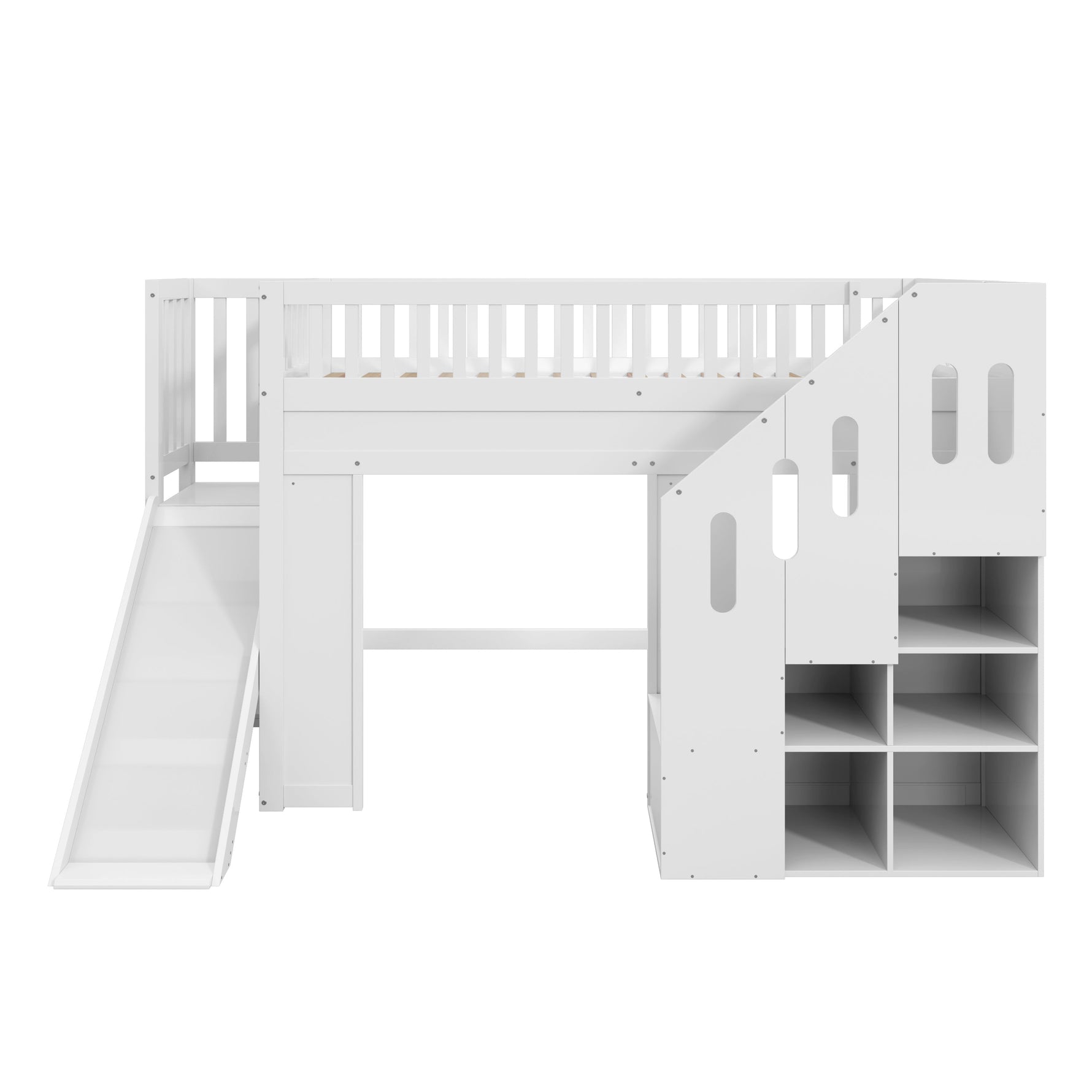 Bunk Bed with Slide, Storage Stairs and LED Light Strip, White Solid Wood