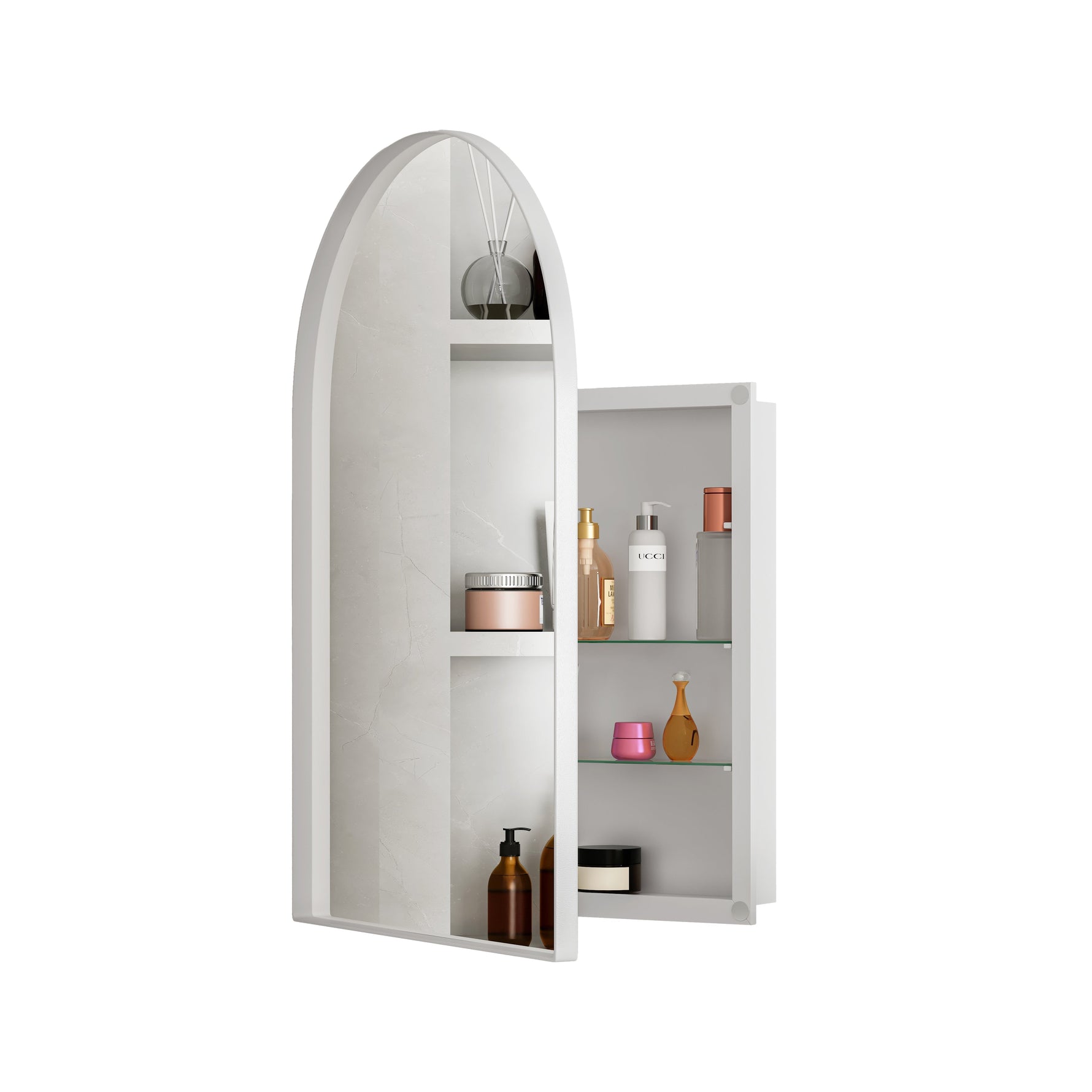 Arched Mirror Cabinet, Recessed/Wall Mount, Adjustable Shelves, White