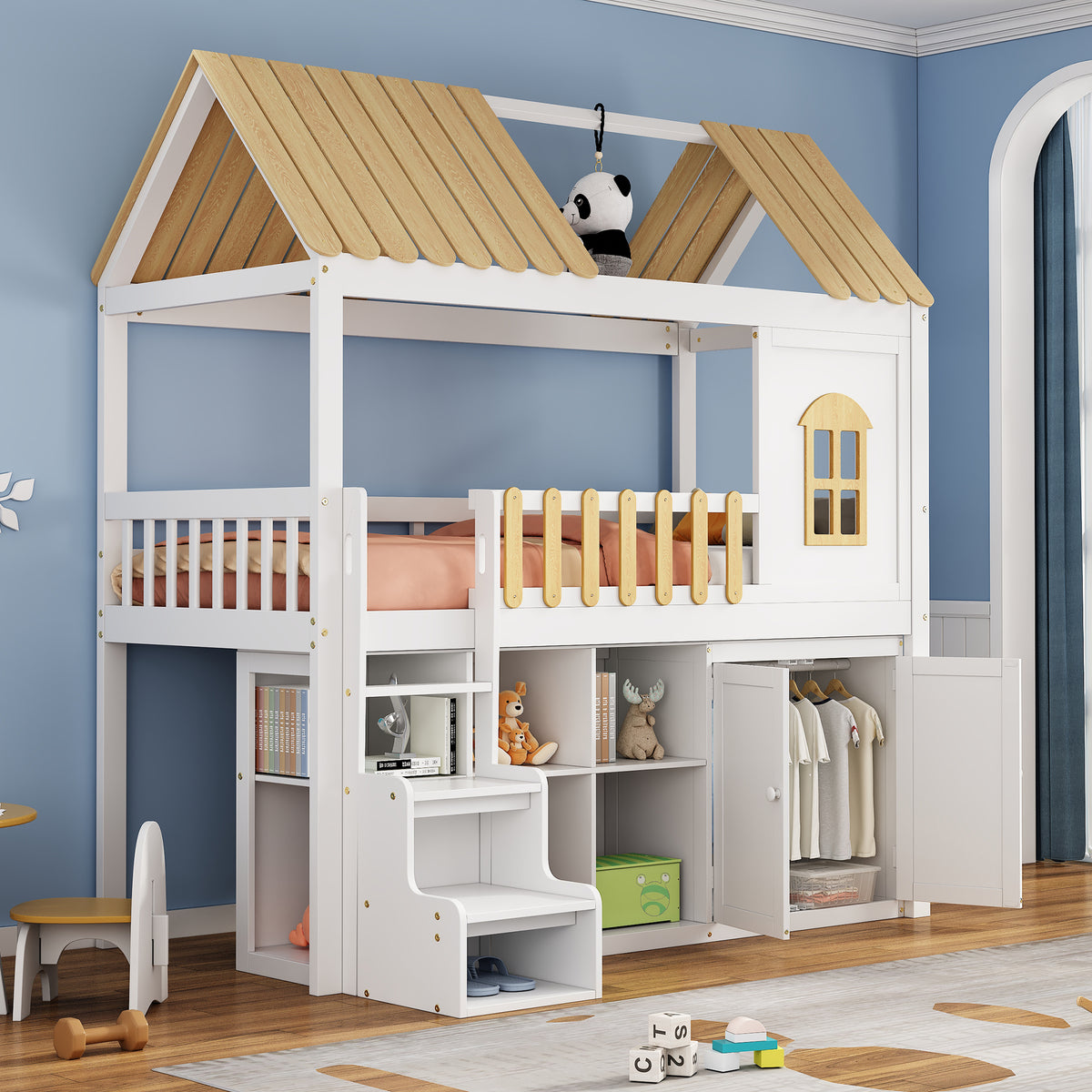 Bunk Bed with Wardrobe & Shoe Rack 90x200cm, White & Natural Pine