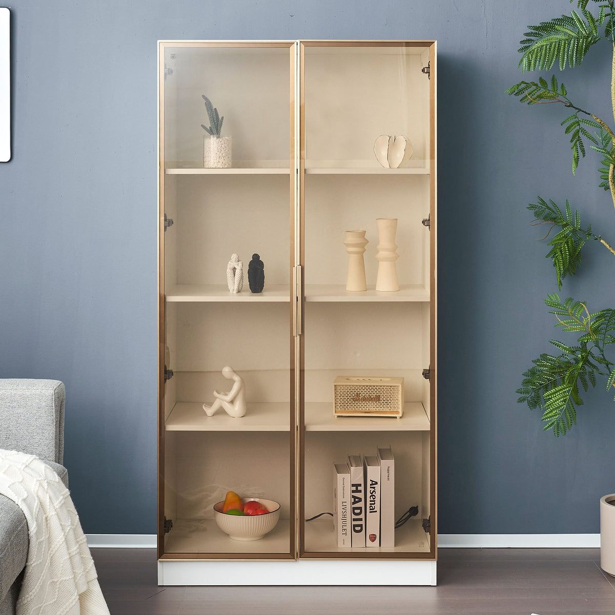 Glass Display Cabinet, 16-Color LED Lighting, Movable Shelves, 80x40x160cm, Freestanding, Glass