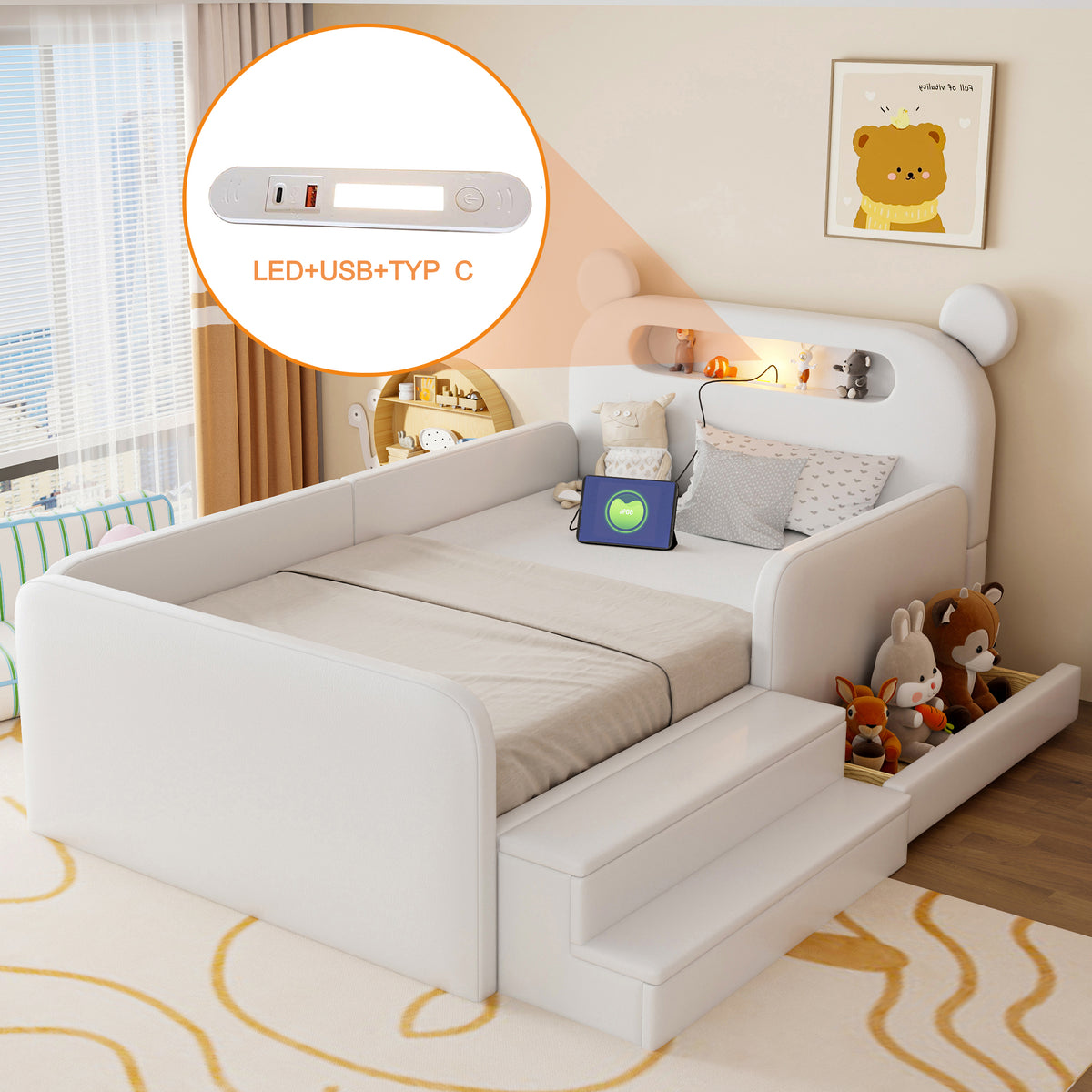 Children's Bear Bed 90x200cm with Storage & Night Light, White