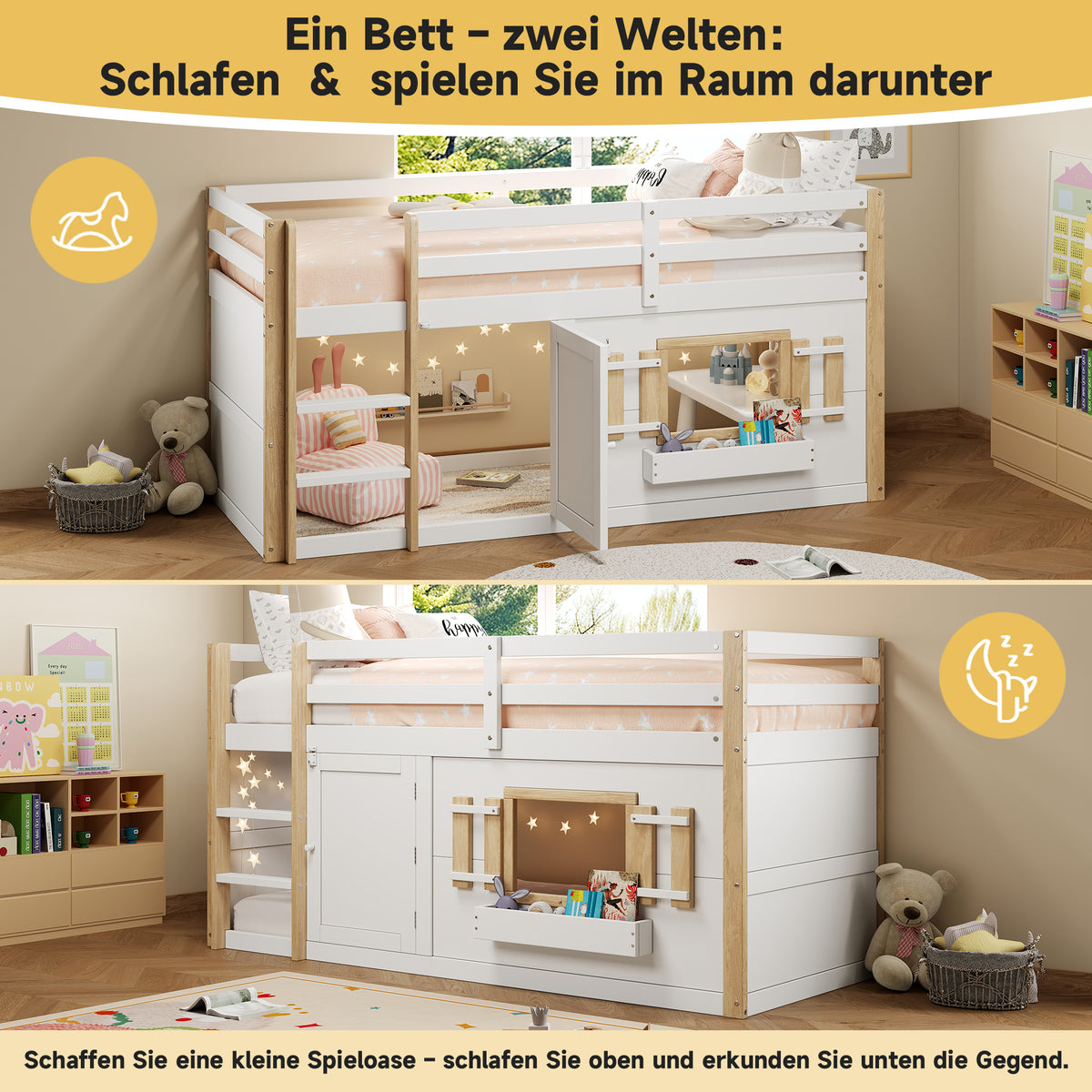 Children's Loft Bed 90x200cm with Ladder & Play Area White