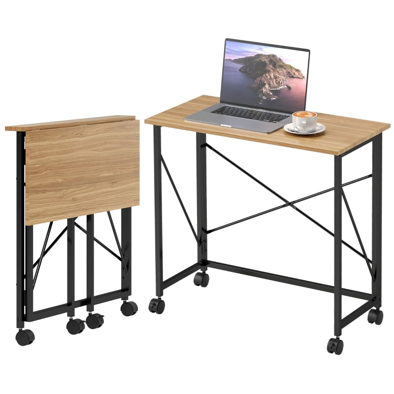 Folding Desk 80cm with Wheels, Space Saving, Oak